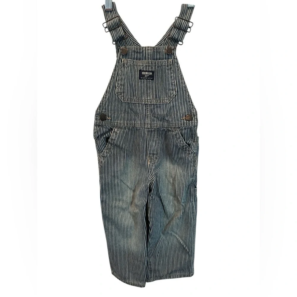 Oshkosh B gosh Overalls Sz 2T Conductor Stripe Vestbak Denim Jeans Snaps